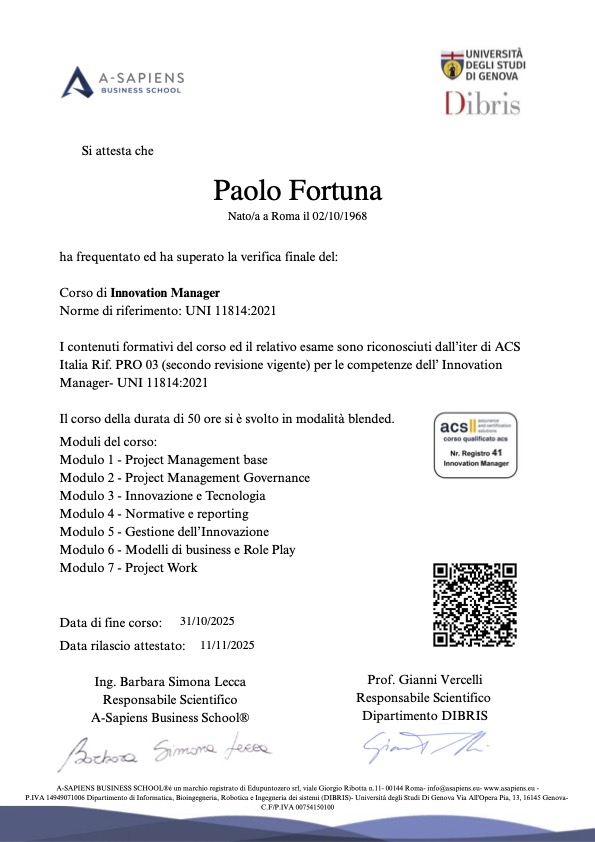 A-Sapiens Innovation Manager attestato - certificate