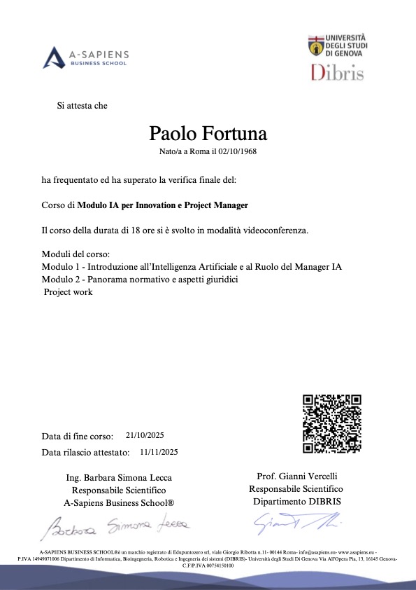 A-Sapiens attestato Modulo IA- AI Module certificate