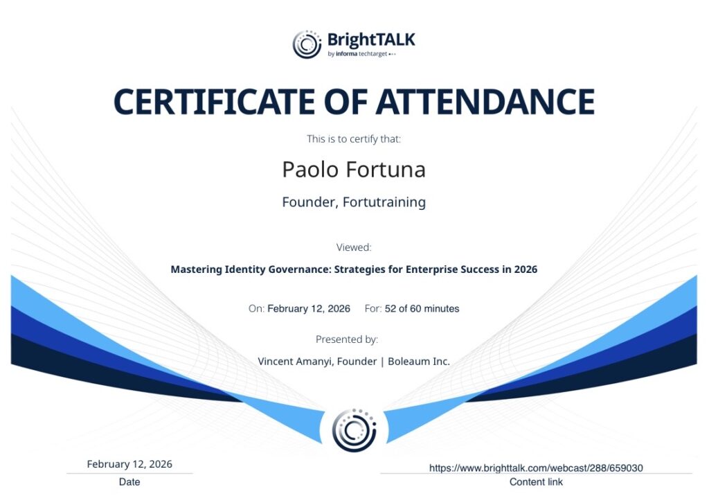Mastering Identity Governance: Strategies for Enterprise Success in 2026 - Attestato partecipazione - Certificate of participation
