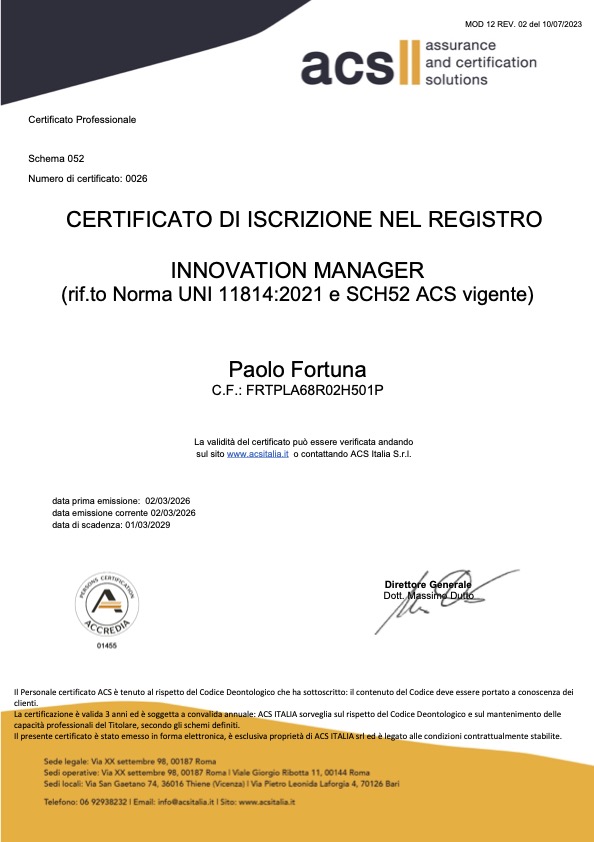 ACS ACCREDIA - Certificato Innovation Manager- Innovation Manager certificate