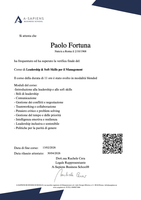 A-Sapiens - Attestato - Leadership & Soft Skills per il Management- Certificate