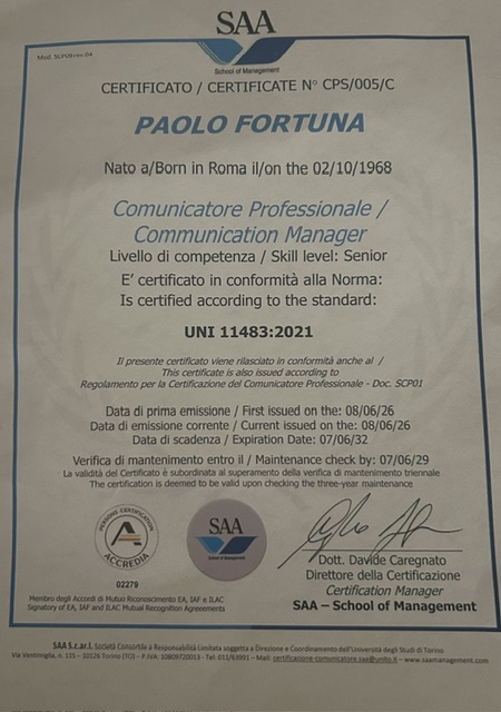 SAA - Comunicatore Professionale UNI 11483:2021 - Attestato - Certificate