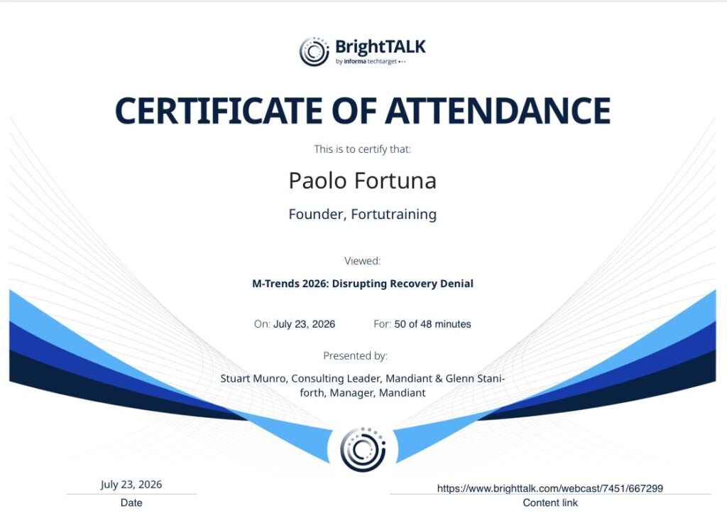 M-Trends 2026: Disrupting Recovery Denial - BrightTALK - Attestato partecipazione - Certificate of participation