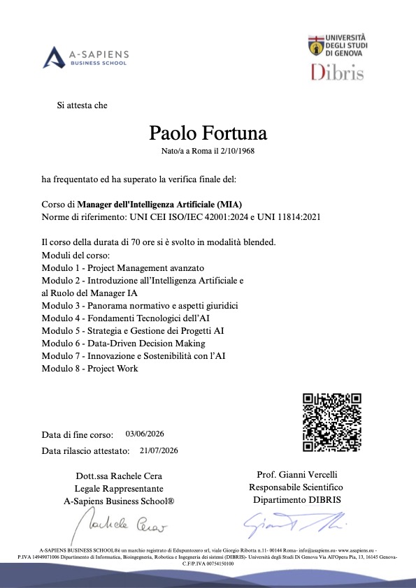 A-Sapiens - Attestato - Manager dell'Intelligenza artificiale (MIA) - Certificate