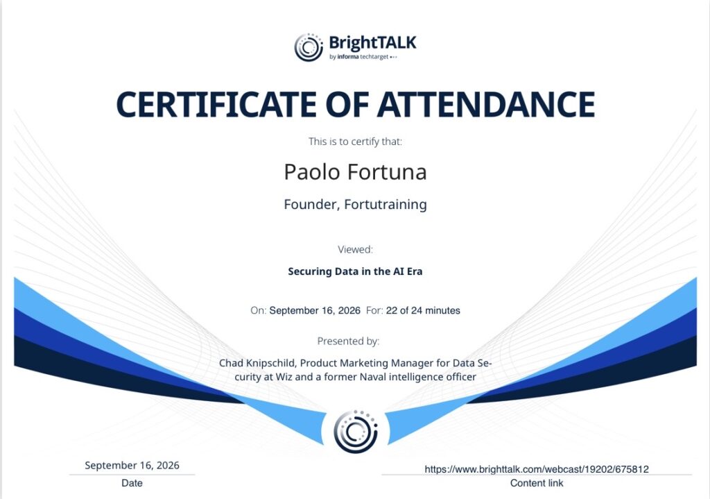 Securing Data in the AI Era - BrightTALK - Attestato partecipazione - Certificate of participation