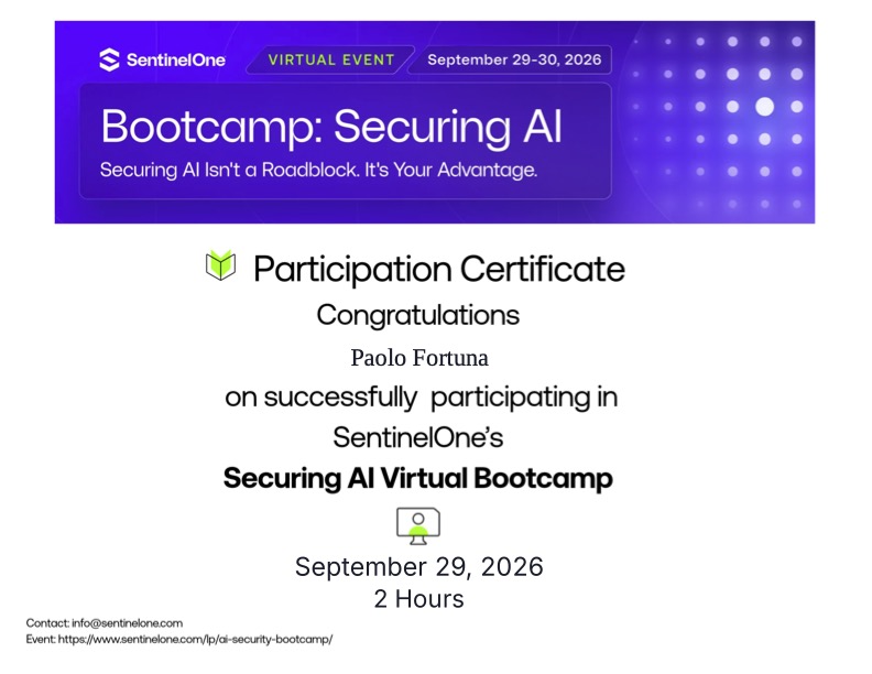 Securing AI Virtual Bootcamp - Day 1 - SentinelOne - Attestato partecipazione - Certificate of participation