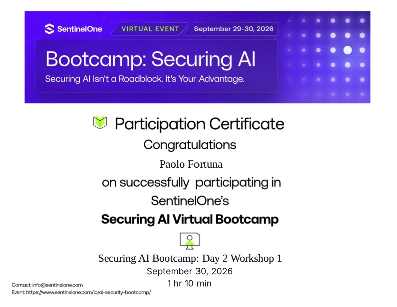 Securing AI Virtual Bootcamp - Day 2 - SentinelOne - Attestato partecipazione - Certificate of participation