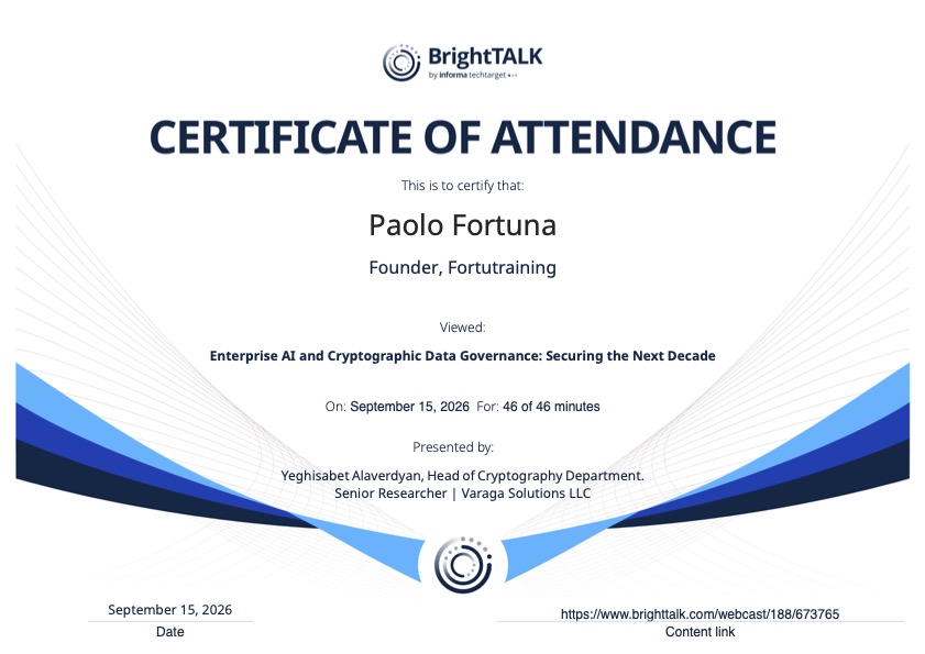 The clock is ticking: How to navigate the Post-Quantum Cryptography shift - BrightTALK - Attestato partecipazione - Certificate of participation